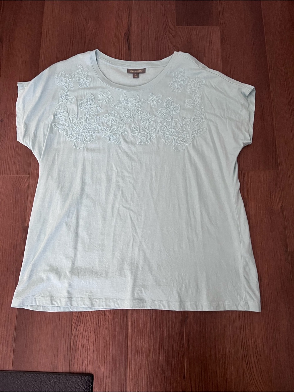 Soft Embroidered Scoop Neck Tee - Teal Blue